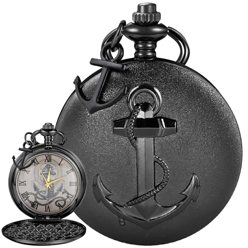 Image of Tiong Pocket Watch Anchor Pattern Design Roman Numerals Quartz with Chain Birthday Gifts