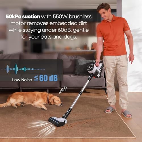 Image of YONNDER Cordless Vacuum Cleaner, 550W 50KPA 70Mins Powerful Vacuum Cleaners for Home, with Anti-Tangle, LED Display Screen, Self-Standing Stick Vacuum for Hardwood Floors /Pet Hair /Carpet, M1, Silver