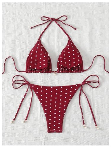 Image of SOLY HUX Women's Polka Dots Print Bathing Suit Halter Triangle Tie Side Bikini Sets Two Piece Swimsuit