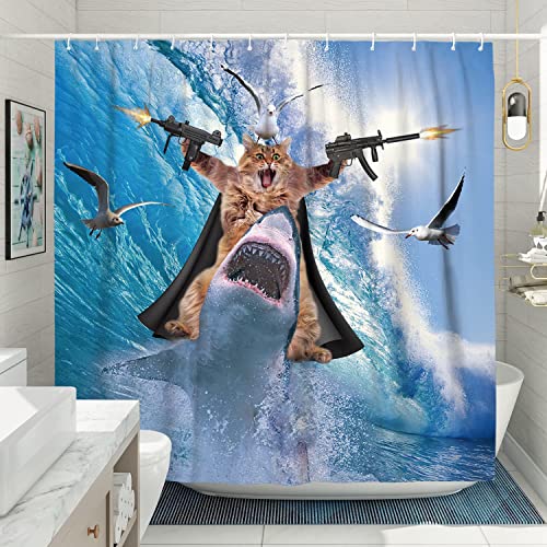 Desihom Funny Cat Shower Curtain Set Cat Riding Shark Theme Ocean Shower Curtains For Bathroom Fun Nautical Kids Bathroom Decor Polyester Fabric-62" X 72" #TOP2