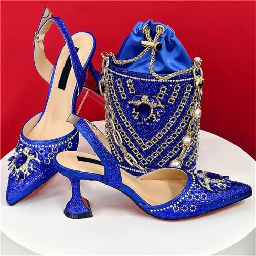 Womens Blue 2025 Nigerian Wedding Shoes Set Italian Rhinestone Bridal Pumps and Matching Evening Party Bag2