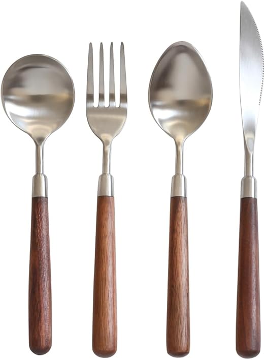 4-Piece Elegant Walnut Wood Handle Silverware Set for 1 - Premium 304 Stainless Steel with Wood Handle Flatware Cutlery Set for Home Kitchen Dining (4 Piece set)