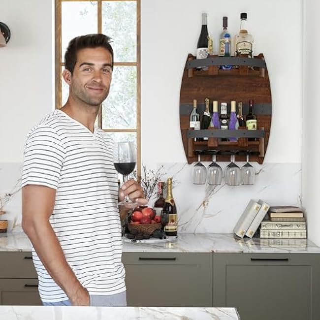 Whiskey Barrel Shelf Wall Mounted, Vintage Wine Rack with Glass Holder, Wooden Handmade Bourbon Shelf, Bar Liquor Bottle Holder, Gift for Wine Lover, Drinks Cabinet Rack for Wine, Whiskey, Beer