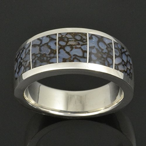 Blue Dinosaur Bone Wedding Ring in Sterling Silver by Hileman Silver Jewelry