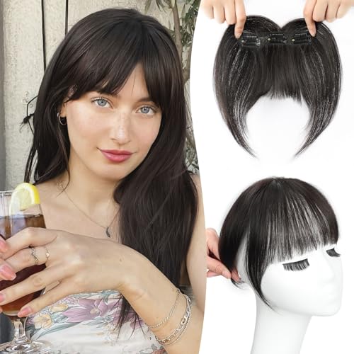 KooKaStyle Clip in Bangs, 100% Real Human Hair Bangs Clip in Hair Extensions, 3 Secure Clips in Full Fringe French Bangs Natural Thick Volume Fake Bangs with Temples Hairpieces （Natural Black）