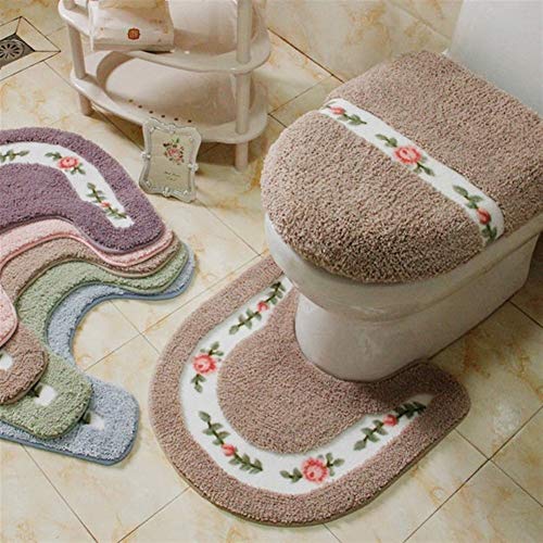 DGHSB Badematte, Badezimmer Mat Set U-Form-WC Teppiche Bodendekor-Badmatte Set Pastoral Stil WC Teppich Blumen-Muster…