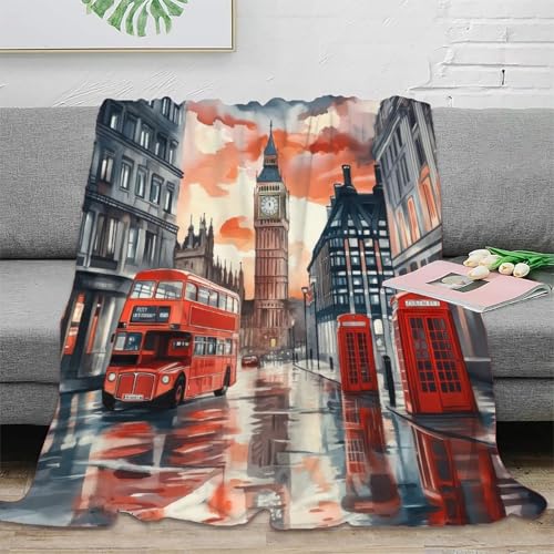 PHQAZWSXE 3D Imprimé London Street scène Couverture Microfibre Literie Douce Chaude Vif Aquarelle Plaid Confortable Respirant Toutes Saisons pour Adultes...