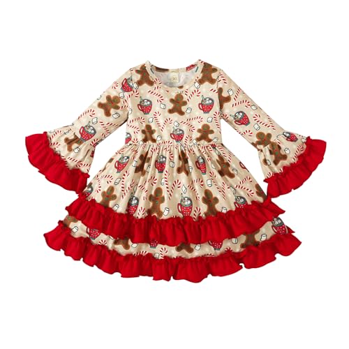 Toddler Girl Christmas Outfit Gingerbread Man Flared Sleeve Ruffled Dress Candy Cane Print Kids Xmas Dresses