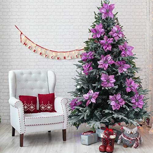 15 Pieces Christmas Glitter Poinsettia with Clips Christmas Poinsettia Decorations Artificial Poinsettia Flowers Ornament Christmas Flowers for New Year Wedding Home Decoration 8.7inch/22cm Purple