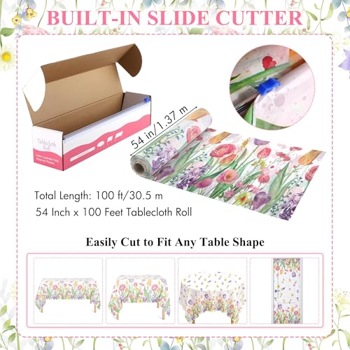 Image of Kochorie 100 Ft x 54 Inch Spring Flower Tulip Tablecloth Roll Plastic Floral Disposable Table Cover Butterfly Wildflower Themed Backdrop for Spring Floral Tea Party Birthday Wedding Decor