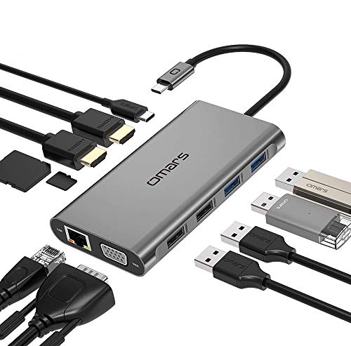 USB C Hub, Omars 11 in 1 USB C Adapter Triple Display (Dual HDMI 4K&VGA), Docking Station with RJ45 1Gbps Ethernet LAN, 4xUSB, SD/TF Card Reader, USB C 100W PD Power Charging Port for MacBook Pro Air