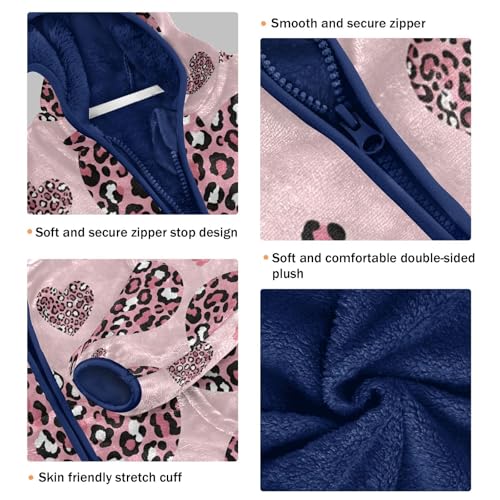 Heart Leopard Print on Pink Toddler Fleece Jacket Girl Boys Hooded Fleece Jacket Coat Warm Outwear Zip-up 3-10T3