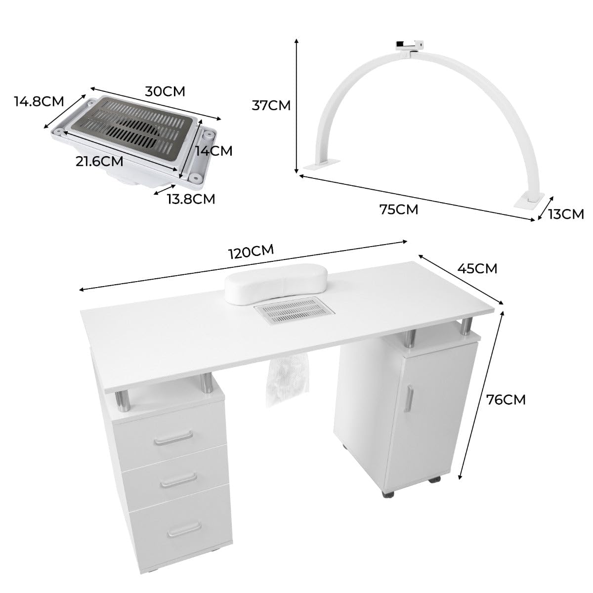 Mesa Manicura Profesional c/Colector de Polvo y Ruedas + Lámpara de Mesa Media luna LED 50 W | Regulable 3000-6000K | Soporte teléfono | Almohadillas para fijar | Pestañas, Uñas, Tatuajes, Estética