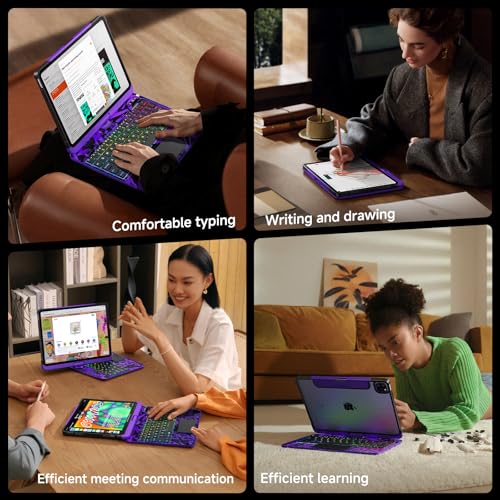 Image of Clear Wireless Keyboard Case for iPad Air 13 Inch (M4 /M3 /M2, 2026 /2025 /2024) / iPad Pro 12.9 inch (6th /5th /4th /3rd Gen), 7-Color Backlit, Pencil Holder & Multi-Touch Trackpad, 360 Rotatable,Purple