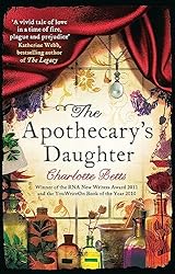 Book cover of The Apothecary's Daughter with colorful bottles at the bottom and a red curtain above. 
