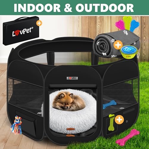 LOVPET® Welpenlaufstall Tierlaufstall Faltbar für Kleintiere Hunde, Katzen Inkl. Hundenapf und Fleece Decke Hundelaufstall Freigehege Oxfordgewebe Pop-up System Indoor & Outdoor, Schwarz