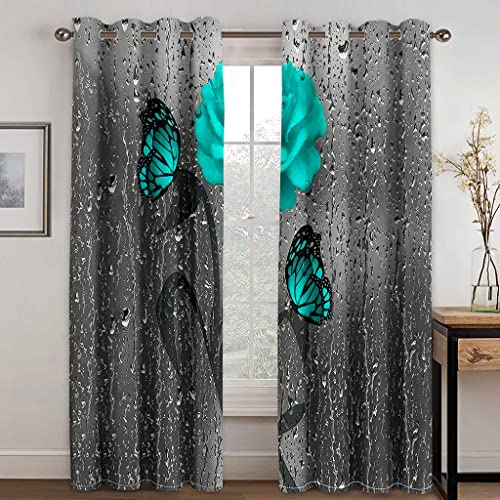SHATOS Cortinas Opacas Termicas Aislantes con Ojales 2 Piezas Cortinas Salon Dormitorio Modernas Decoración De La Ventana 240X250cm 3D Flores De Mariposa Artísticas Azules Patrón Cortinas Infantiles