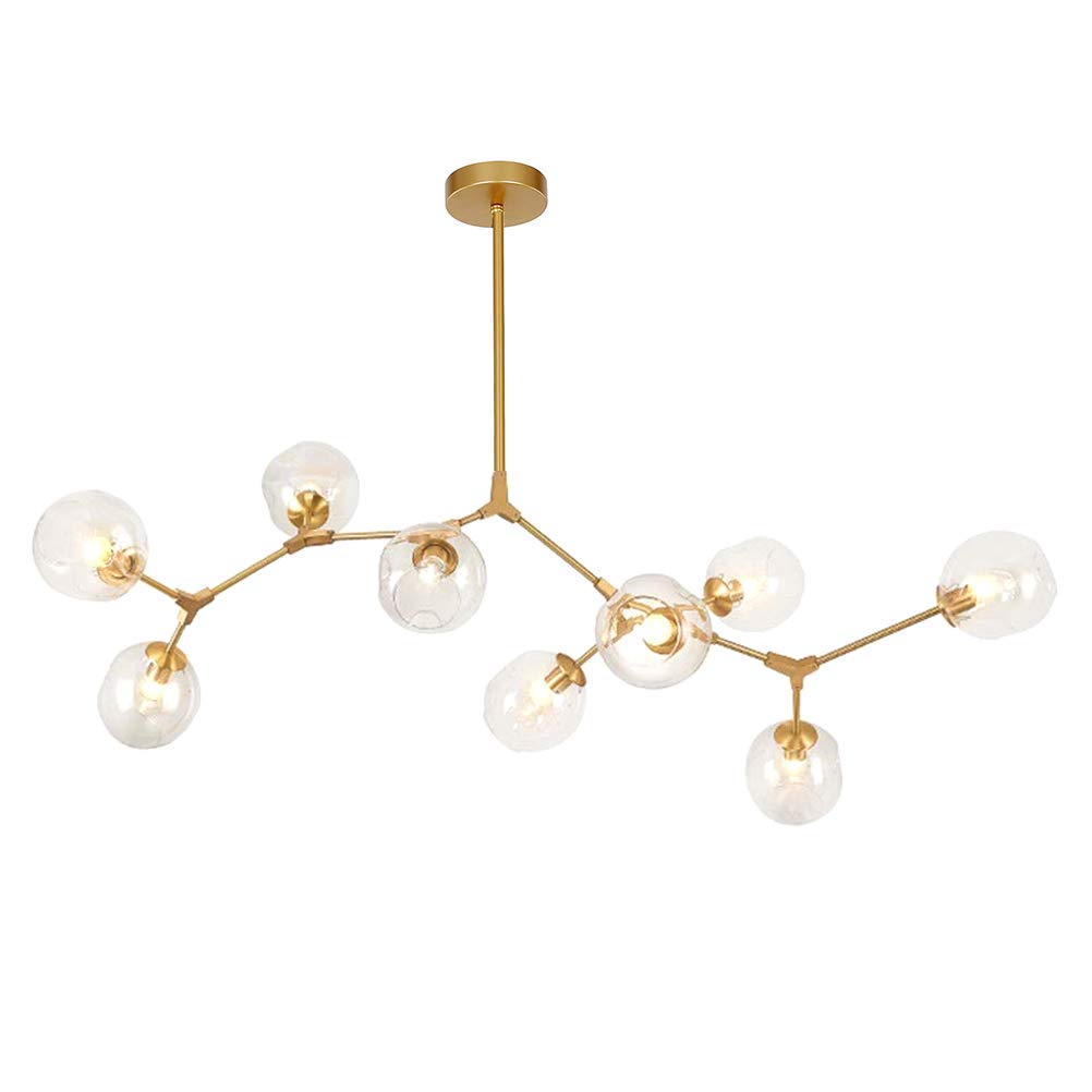 CSXSXAUO Mid-Century Adjustable Height Nordic Glass Ball Chandelier - Matte Black Pendant Light with E26 Hand-Blown Branches 9-Light Transparent Gold Globe Fixture