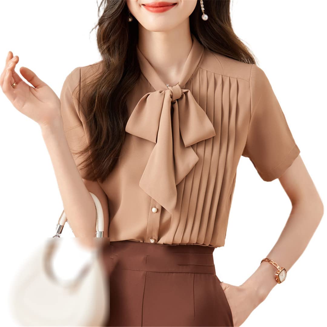 Camicia kaki con fiocco da donna estiva manica corta camicetta in chiffon formale ufficio donna top da lavoro bianco