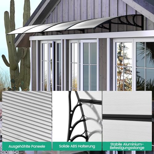 FANTASK Vordach für Haustür 199 x 99 cm, Überdachung aus Aluminium und Polycarbonat, Transparentes Pultbogenvordach, Haustürvordach, Pultvordach, Haustürdach, Türvordach für Eingangsbereich