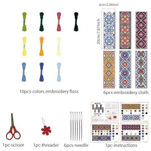 FREEBLOSS 6 Set Cross Stitch Bookmark Kits Hand Embroidery Kit for Beginners Traditional Decorative Patterns Counted Cross Stitch Kit Full Cross Stitch Embroidery Kit for Women Hobby 22 * 8cm - Image 2