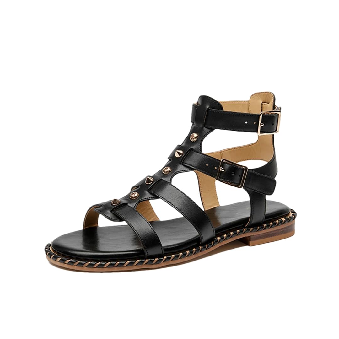 Sandalias de gladiador con correa de hebilla y correa al tobillo para mujer, tacón plano, estilo gladiador, piel de becerro, doble hebilla, de metal, informales, de verano