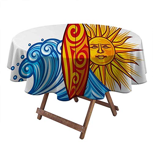 Philip C. Williams Outdoor tablecloths Ride The Wave Round Outdoor Tablecloth Ocean Wave with Sun and Surfboard Lifestyle Summer Freedom Image Kids Picnic Table BBQ Decorations Vermilion Yellow Blue