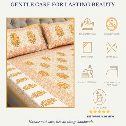 Image of JAIPUR PRINTS 100% Cotton Bedsheet for Double Size Bed bedsheets Rajasthani Jaipuri Printed Double Size Bedsheet with 2 Pillow Cover / 90x100 inch / 235x215 cm / (Light Yellow)