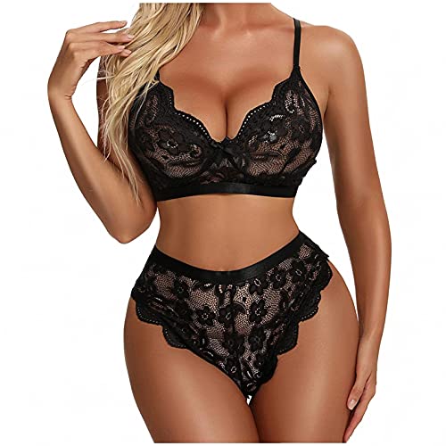 Two Piece Bra and Panty Sets,Sexy Lingerie Set for Women Lace Scallop Trim Lingerie Babydoll Bodysuit Valentine,3 Piece Black