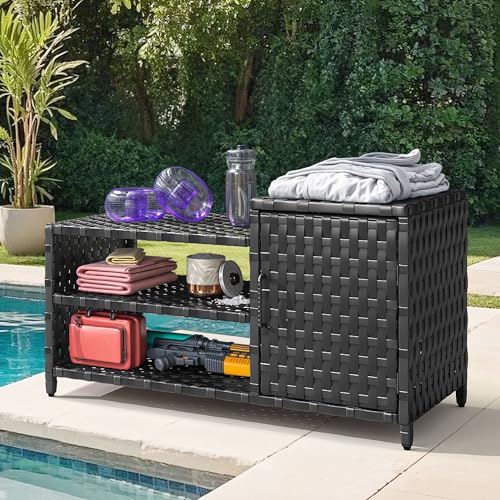 YITAHOME Wicker Pool Storage Organizer, All-weather Storage Bin Multi-functional Equipment for Pool Floats, Porch Shoe, Garden Tool, Garage (Black)
