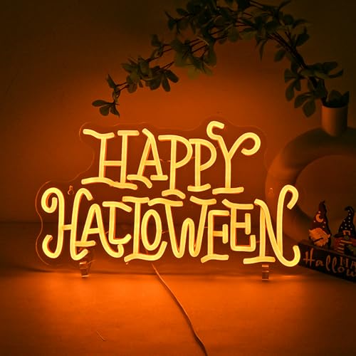 Image of Happy Halloween Neon Sign Golden LED Wall Light Gift for Horror Party Decor
