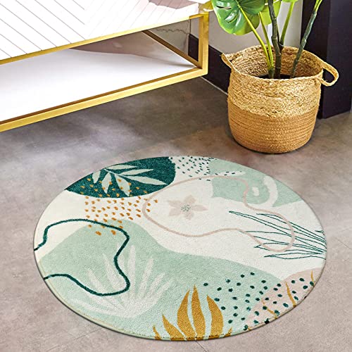 Modern Round Bath Mat Cute Velvet Non Slip Boho Rug Soft Machine Washable Green Leaf Bathroom Rugs Abstract Tropical Plant Aesthetic Accent Rug For Sink Shower Doormat Vanity Tub, 28X28 Inch #TOP5