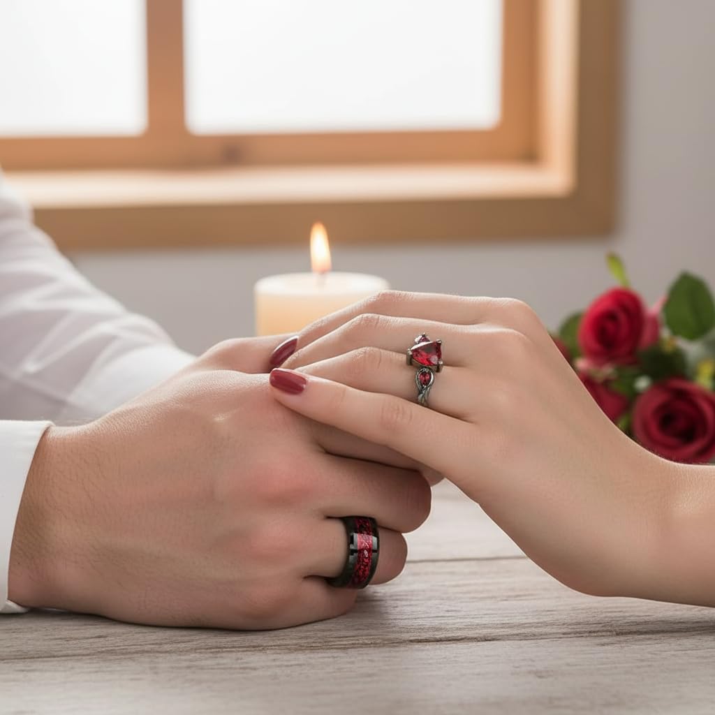 Paar Ringe mit Gravur Eheringe Partnerringe Verlobungsringe für Frauen Wolfram Herren Schwarz Rot Zirkonia Ring Personalisierter Wolfram Ring Größe 49-70
