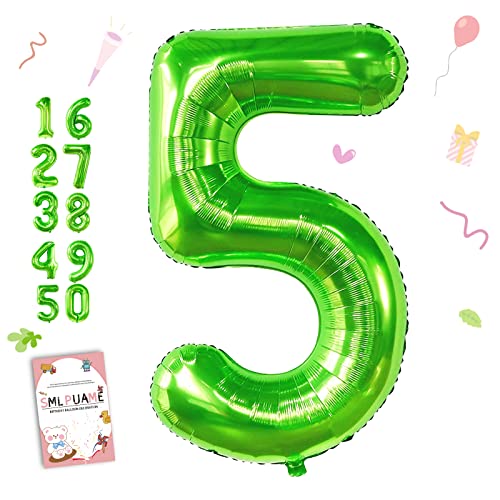 Image of 40 Inch Green Number 5 Balloon, 5th Birthday Decoration Boys Girls
