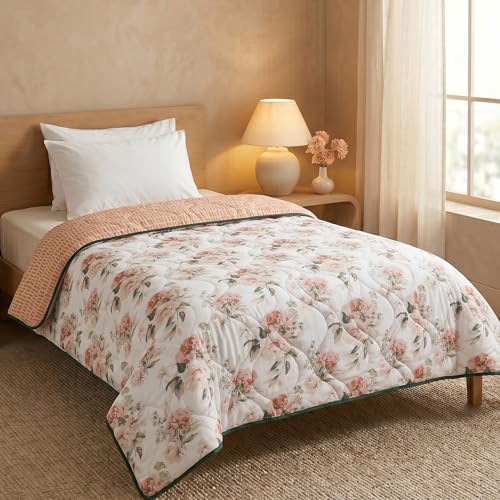 Image of HUESLAND Reversible AC Quilt Blanket Single Bed | 100% Cotton Quilted Shell, Super Soft 120 GSM Microfibre Wadding | Lightweight Comforter for All Weather Use | Blushing Blooms - 55 x 88 inches