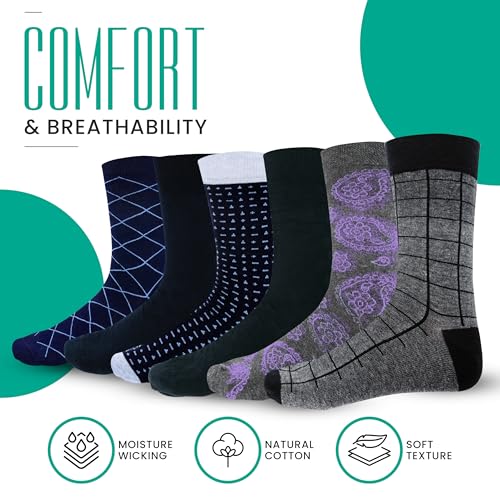 Tom Lawrence Mens Dress Socks -Premium Quality Soft Cotton- Pack of 6 in Gift Box, Assorted Patterned Dress Socks For Men 9-12, Breathable Soft Cotton- Nylon Blend4