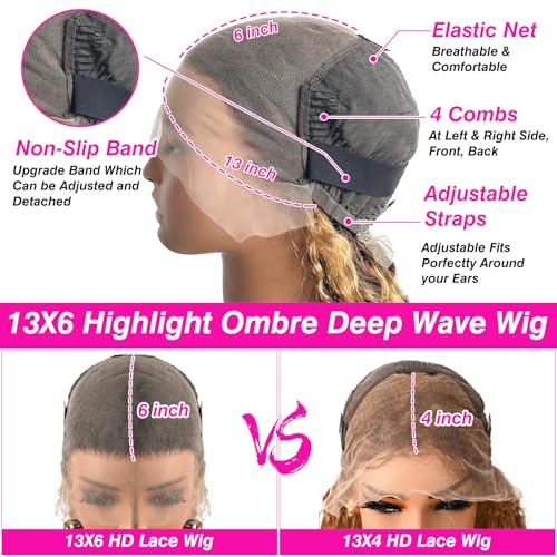 Image of 20 Inch Highlight Ombre Deep Wave Lace Front Wigs Human Hair 180% Density 4 /27 Colored Honey Blonde Human Hair Wig 13x6 HD Lace Front Wig Pre Plucked No Synthetic Blend No Tangle No Shedding