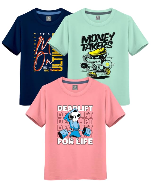 Image of Cotton Regular Fit Round Neck Printed Half Sleeves Casual T-Shirt for Boys, Multicolor, (Combo Pack of 3)