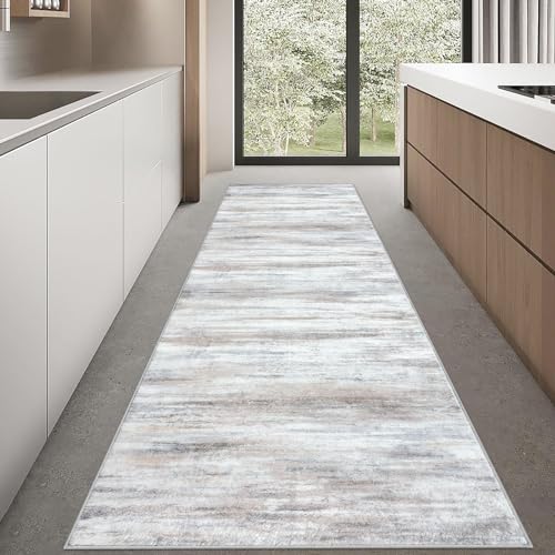 KOZYFLY Area Rug 3x8 Modern Ombre Living Room Area Rug, Washable Rugs for Bedroom Non-Slip Soft Stain Resistant Striped, Print Distressed Beige Abstract Carpet for Living/Laundry/Kid Room