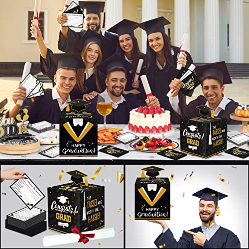 Image of Funrous Large 2026 Black and Gold Graduation Card Box with 30 Pcs Advice Card Gift Money Box Congrats Grad 3D Cap Top Holder Class of 2026 Party Decorations College Graduation Supplies
