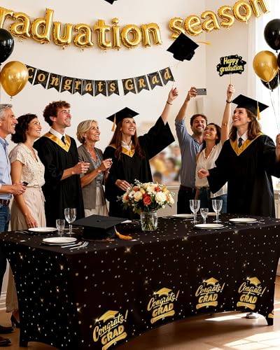 Image of Pureegg Graduation Decorations 2026 Spandex Tablecloth 6ft - 2 Pack, Class of 2026 Black Fitted Stretch Rectangle Table Cover, Wrinkle-Free Tight Tablecloth for Graduation Party, Banquet