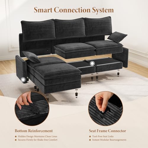 Image of Vesgantti 108 inch Modular Sectional Sofa, Comfy Cloud Couch with Movable Ottoman Deep Seat Corduroy L Shaped Modular Sofa, Sectional Couches for Living Room, Bedroom and Apartment, Gray