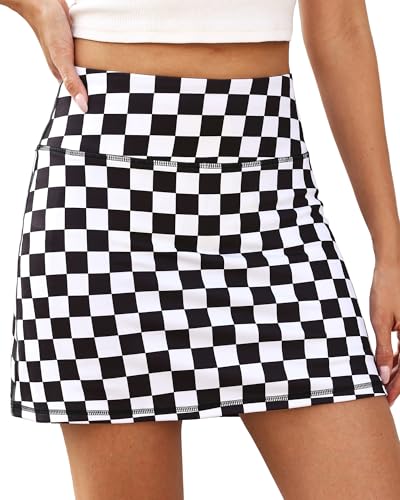 ZLLW Women 15 High Waisted Checkered Skort A-Line Athletic Skort with Built-in Shorts & Pockets for Tennis Golf Pickleball Black and White(M)