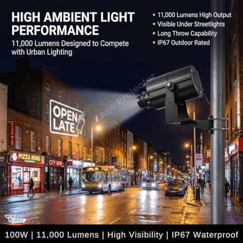 Image of TONZO 100W LED Logo Projector Light, 11000 Lumens, 7-30ft Range, 1 Custom Lens, IP67 Waterproof Outdoor GOBO Projector with Remote, Static & Rotating Signage Light for Shop Event Business Storefront