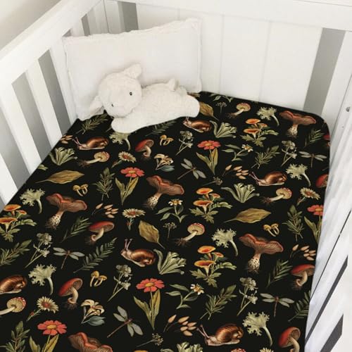 Image of Vintage Mushroom Forest Baby Crib Sheet 52''x28'' Retro Mushrooms Snail Flowers Leaves Snug Fitted Crib Mattress Cover for Boy Girl Autumn Fall Soft Baby Bed Sheets for Standard Crib Toddler Mattress