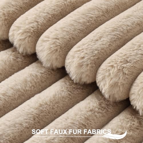 Pallene Faux Fur Plush Throw Pillow Covers 26x26 Set of 2, Luxury Soft Fluffy Striped Decorative Pillow Covers for Sofa, Couch, Living Room, Khaki