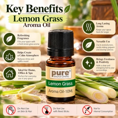 Image of Pure Source India Aroma Set with 10 ML Aroma Oil and 4 Tea Light Candles, Lemon Grass fragnance, Off White