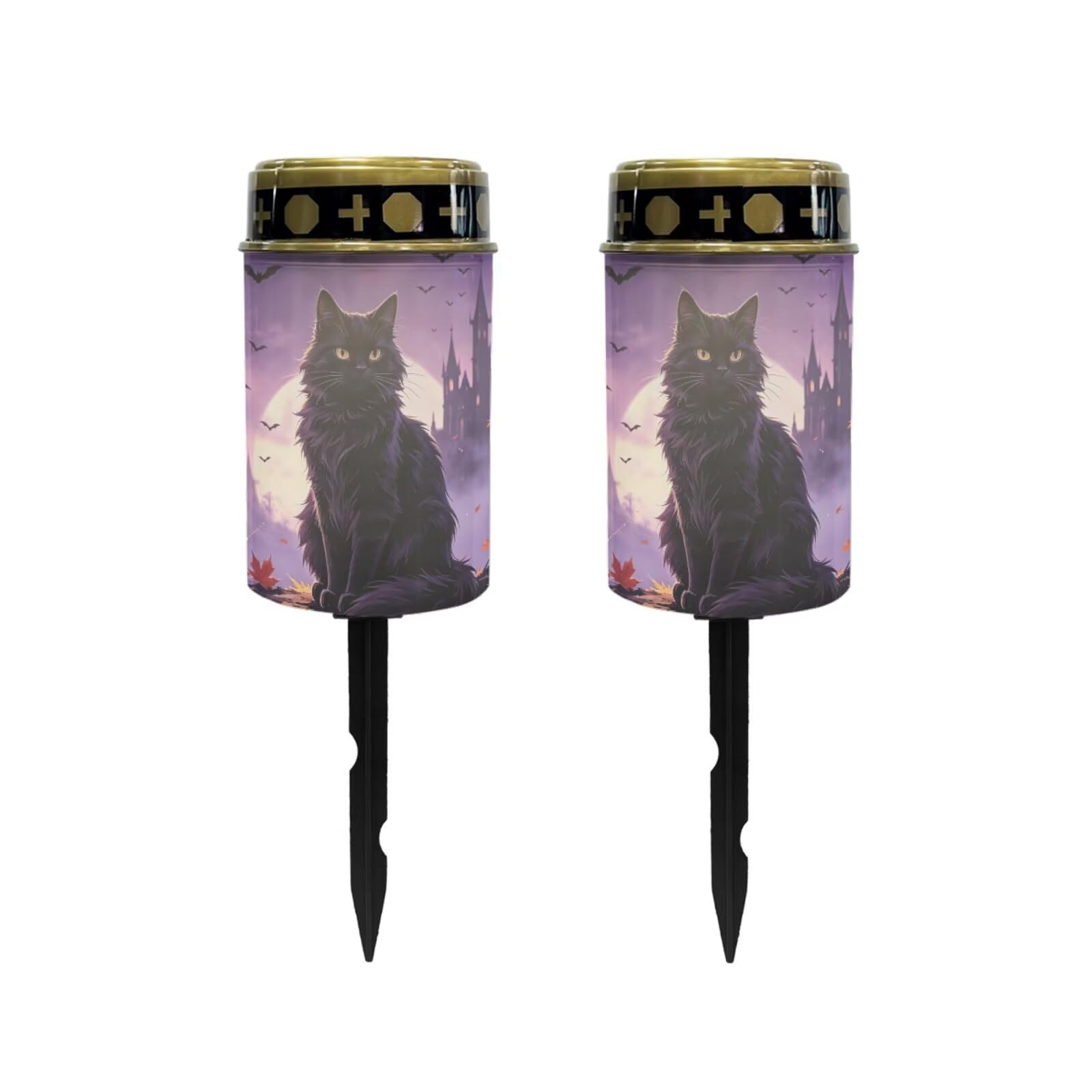 Poceacles Solar Lights Outdoor Waterproof Cemetery Solar Outdoor Candle Grave Decoration Votive Candles Blessed Lights for Loss of Loves One, Black Cat Maple Leaf Bat Print Violet, Pack of 2