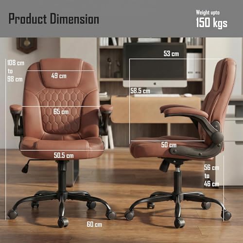 Image of DROGO Aurum Ergonomic Office Chair for Work from Home | Computer Chair for Study | PU Leather Executive Boss Chair with Flip-Up Armrest, Wide Cushion Seat (Brown)