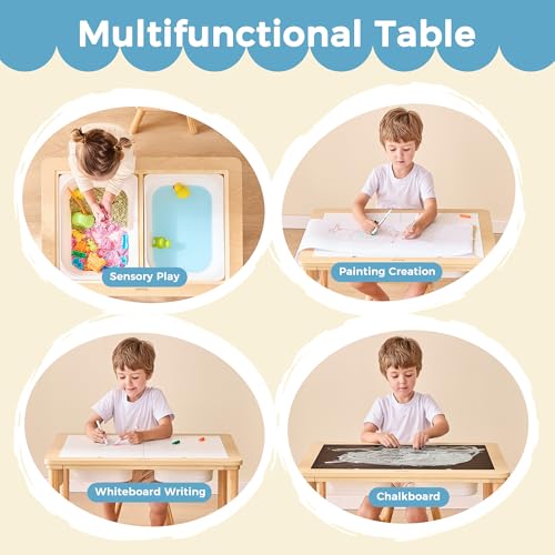 Bateso Multifunktionaler Sensoriktisch mit 2 Stühlen, Papierrolle, doppelseitiger Tafel und klappbaren Aufbewahrungsbehältern für Kinder, ideal für Sand- und Wassertische im Innen- und Außenbereich